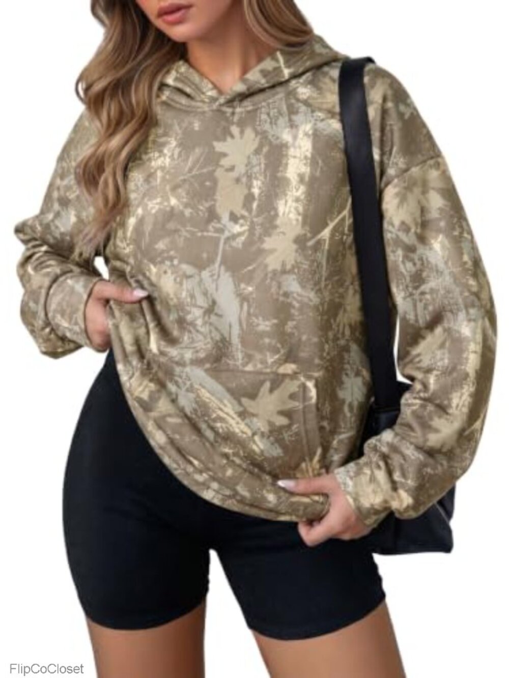 Oversized Maple Leaf Camo Hoodie Kangaroo Pocket Fleece Lined Sweatshirt